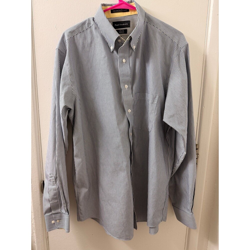 Paul Fredrick Men Dress Shirt 16.5x36 Long Sleeve Striped White Blue